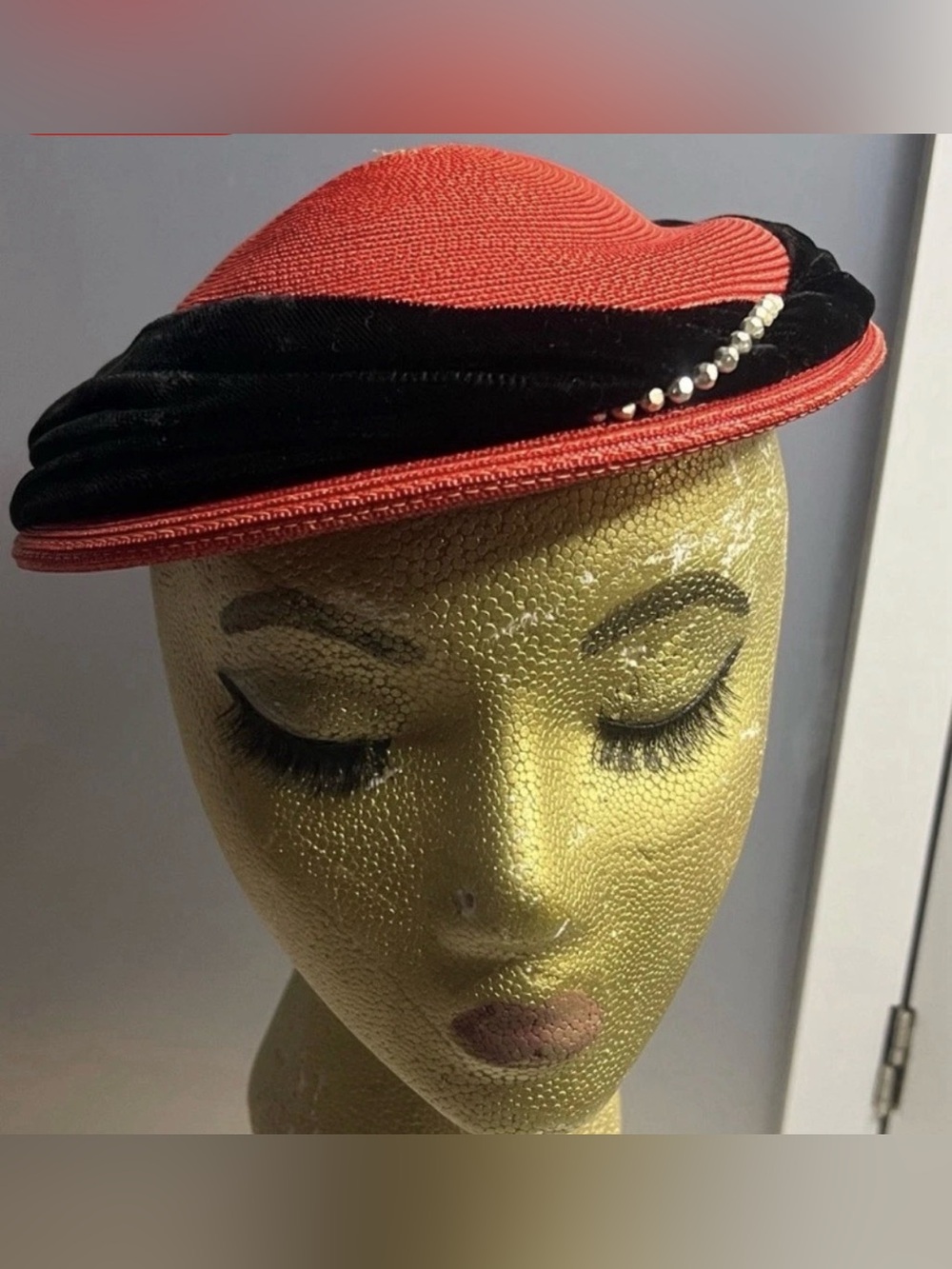 Vtg 40’s 50’s Tilt hat red straw Black Velvet Silver Tone Beaded Accent Art Deco